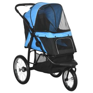 Carrinho para Cães Médios e Pequenos com Cesta de Armazenamento Capota Ajustável Janela de Malha e 3 Rodas Grandes 111x58x107 cm Azul