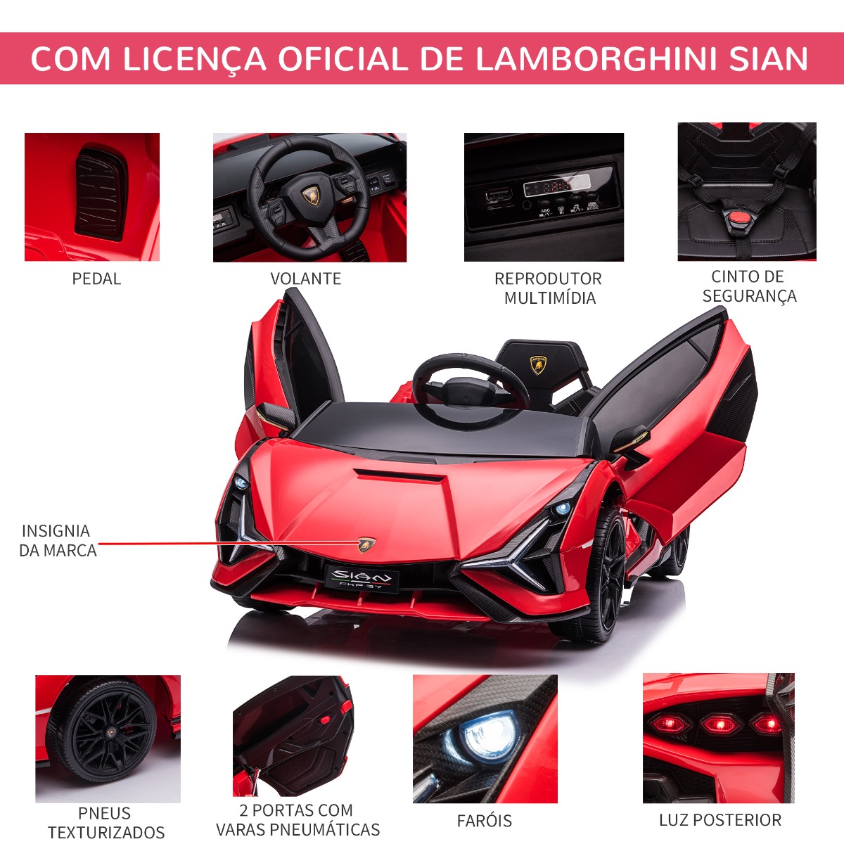 Carro Elétrico Lamborghini SIAN 12V, 108x62x40cm Vermelho - Image 8