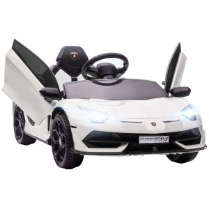 Carro Elétrico Lamborghini para Crianças de 37 a 60 Meses Bateria 12V Velocidade Máxima 5km/h Controlo Remoto MP3 Luzes e Cinto Segurança 107,5x63x42 cm Branco