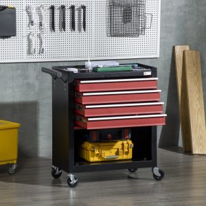 Carro de Ferramentas Móvel com Rodas, 4 Gavetas, Compartimento de Armazenamento e Alça Lateral para Oficina 69x33x75cm
