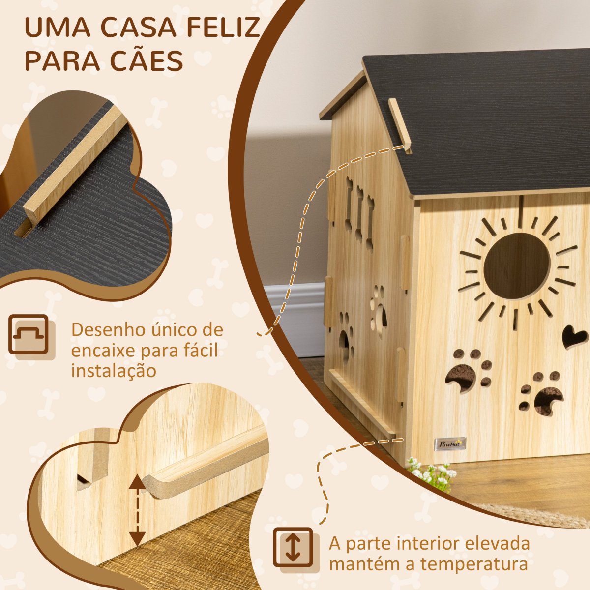 Casa para Animais de Estimação com Porta Dianteira, Desenhos em Forma de Sol, Coração Pata 69x50x58,5cm Madeira e Preto - Image 7