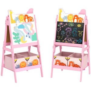 Cavalete para Crianças 2 em 1 com Dupla Face, 2 Caixas de Arrumação 53,5x49x113 cm Rosa
