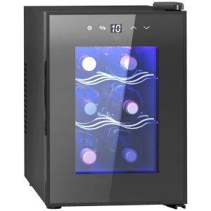 Cave de Vinho para 6 Garrafas com Luz LED Ecrã Tátil e Controlo de Temperatura, Porta de Vidro Temperado e 2 Prateleiras Ajustáveis 26,5×51,5×39,3 cm Preto