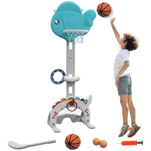 Cesta de Basquetebol Infantil 5 em 1 para Crianças com Altura Ajustável Tema Peixe Dourado Futebol Golf Jogo Lançamento Bola Interior Multicolorido
