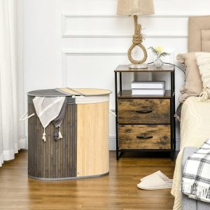 Cesto de Roupa Suja de Bambu, Capacidade de 100L, Cesto para Roupa Suja com Tampa Rebatível e Bolsa com 2 Compartimentos Amovível 62,5x37x60,5cm Cinza e Madeira