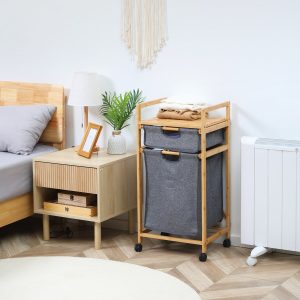 Cesto de Roupa Suja de Bambu com 2 Bolsas de Tecido Amovíveis, Prateleira Aberta, 2 Alças Laterais e 4 Rodas 42x35x84,5cm Cinza e Madeira