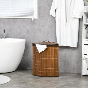 Cesto de Roupa de Bambu Capacidade de 55L em Forma de Leque com Tampa e Bolsa Amovível 38x38x57cm Marrom