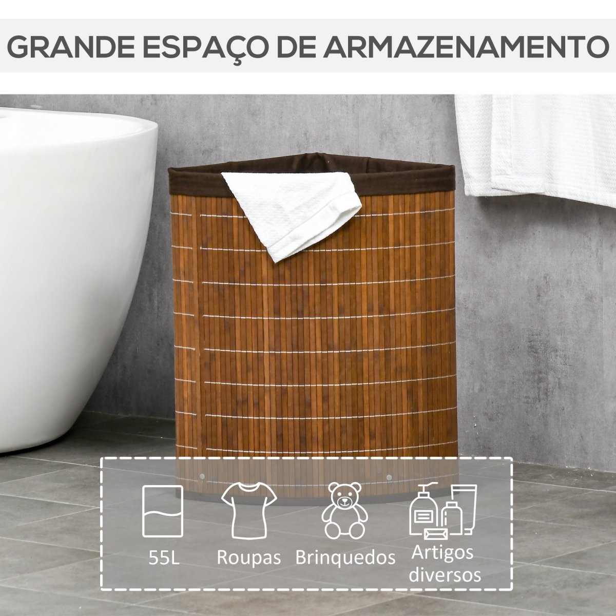Cesto de Roupa de Bambu Capacidade de 55L em Forma de Leque com Tampa e Bolsa Amovível 38x38x57cm Marrom - Image 5