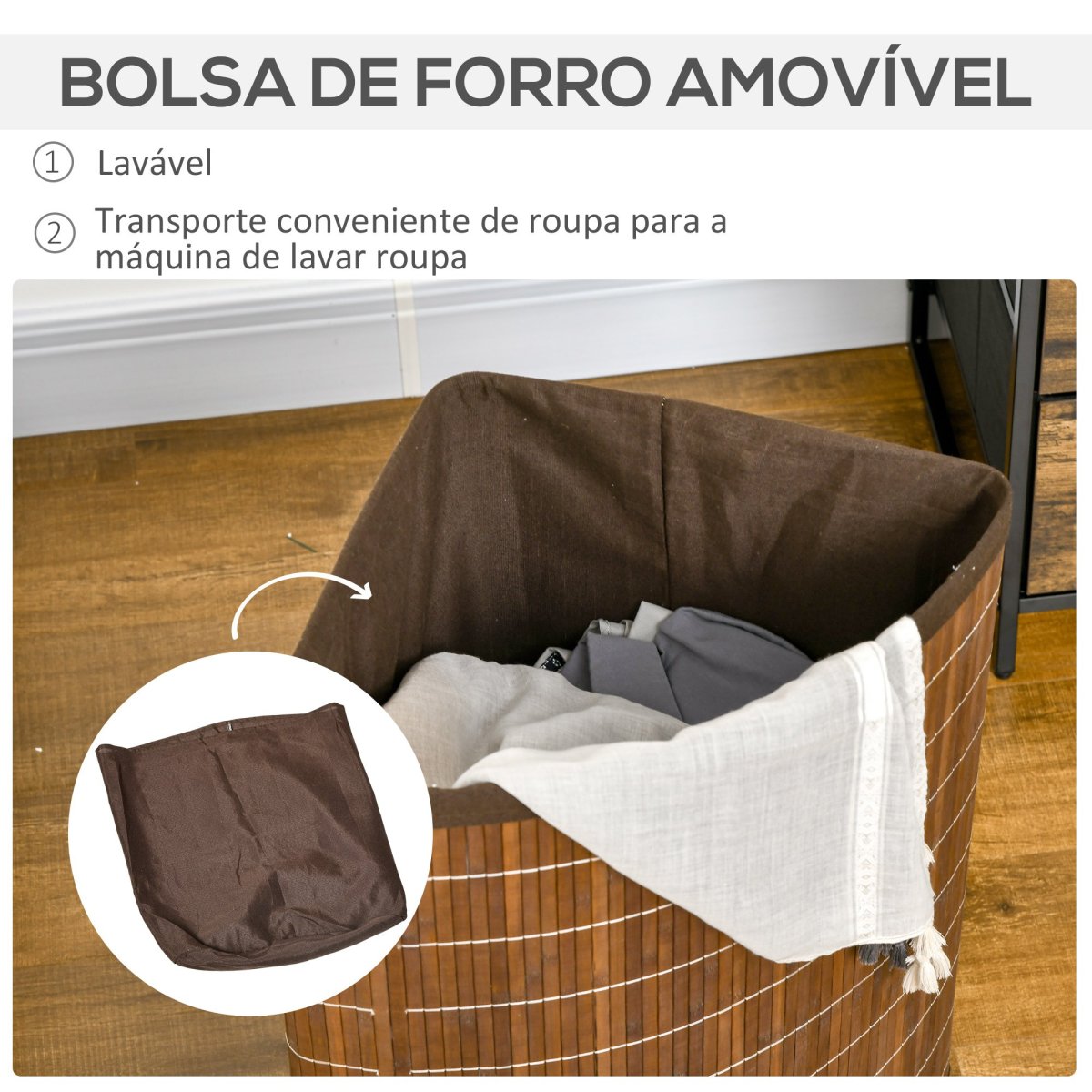 Cesto de Roupa de Bambu Capacidade de 55L em Forma de Leque com Tampa e Bolsa Amovível 38x38x57cm Marrom - Image 6