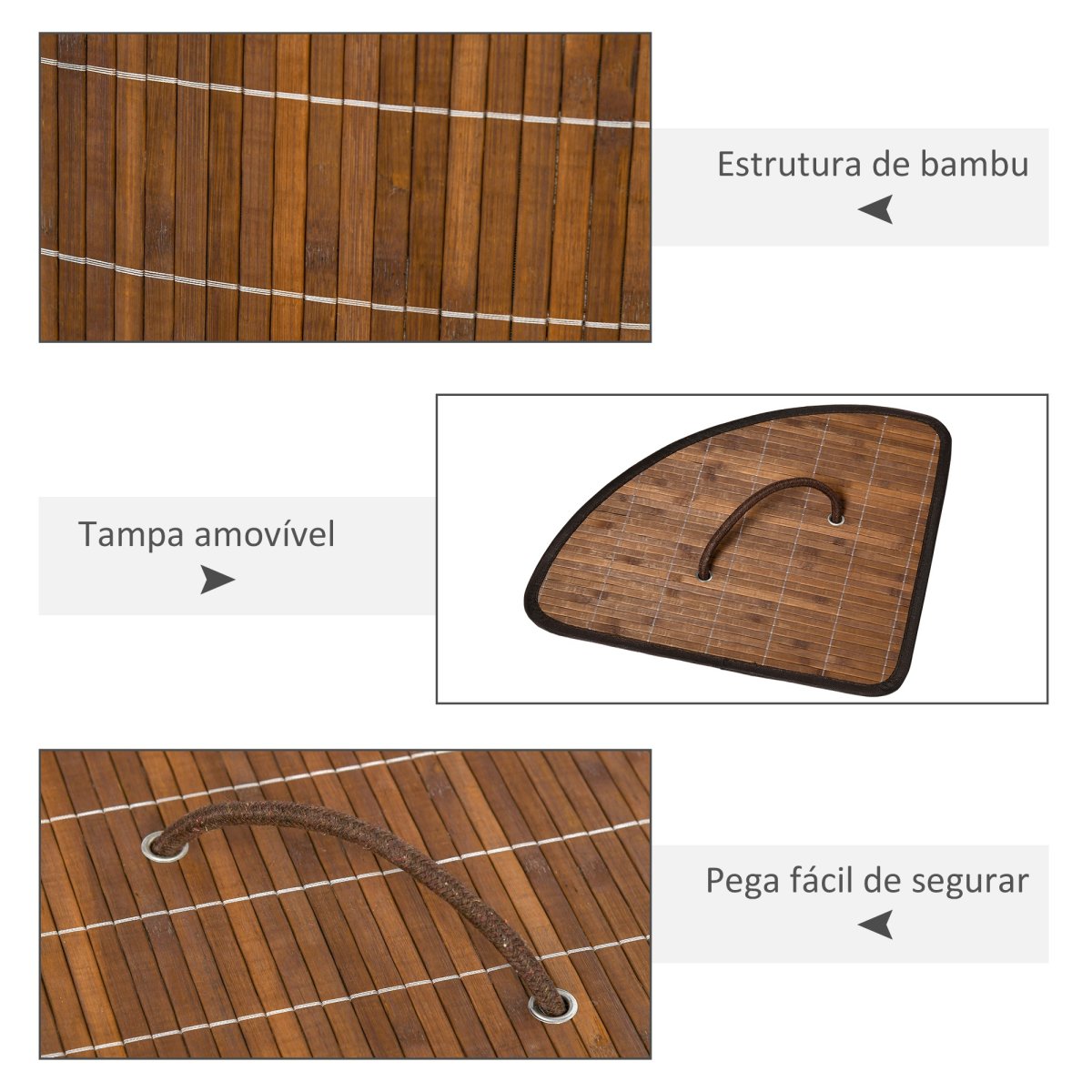 Cesto de Roupa de Bambu Capacidade de 55L em Forma de Leque com Tampa e Bolsa Amovível 38x38x57cm Marrom - Image 7