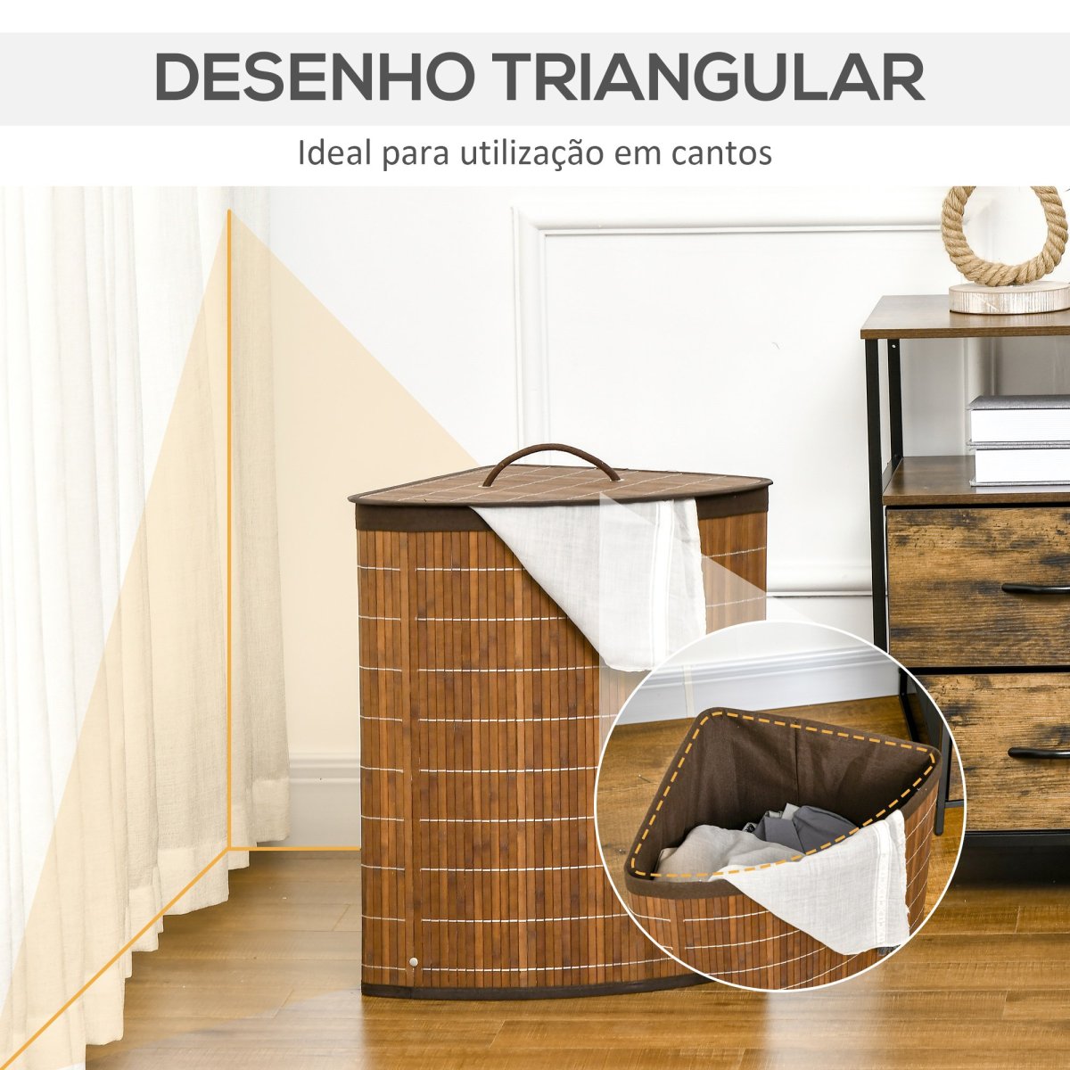 Cesto de Roupa de Bambu Capacidade de 55L em Forma de Leque com Tampa e Bolsa Amovível 38x38x57cm Marrom - Image 8
