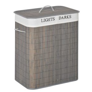 Cesto para Roupa Suja de Bambú Capacidade 100L Cesta Retangular com Tampa Removível Bolsa 2 Compartimentos 52x32x63 cm Cinza
