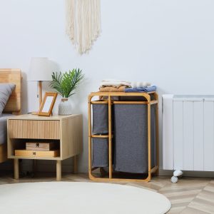 Cesto para Roupa Suja de Bambu com 3 Bolsas de Tecido Amovíveis e Prateleira Aberta 50x32x69,7cm Cinza e Madeira