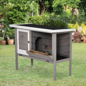 Coelheira de Madeira Exterior para Coelhos com Teto Asfáltico Abatível, Comedouro, Bandejas Removíveis e 2 Portas 91x46x71cm Cinza