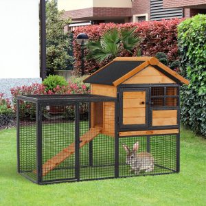 Coelheira para pequenos animais de estimação – bandeja removível de madeira e rampa de metal