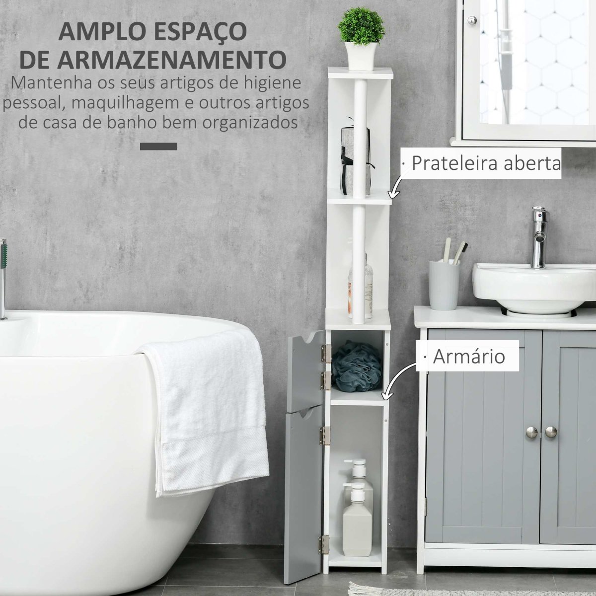 Coluna Casa de Banho com 2 Portas e 2 Prateleiras 15,2×29,8x118cm Branco e Cinza - Image 7