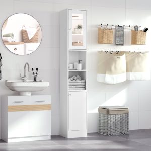 Coluna Casa de Banho com Espelho, 2 Prateleiras Abertas e 2 Portas com Prateleiras Interiores Ajustáveis 30x28x180cm Branco