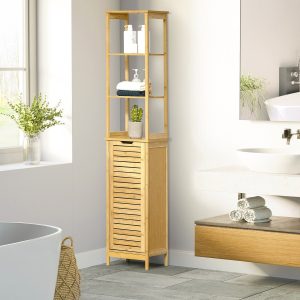 Coluna Casa de Banho de Bambú, Coluna Alta para Casa de Banho com 3 Prateleiras e 1 Porta Móvel de Armazenamento 34x30x173cm Natural