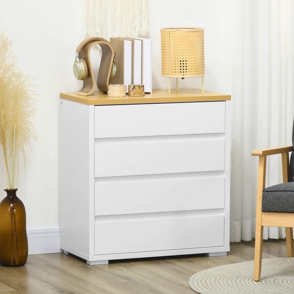 Cómoda Moderna com 4 Gavetas Carga Máxima 40 kg 70x37x75 cm Branco e Madeira - Image 3