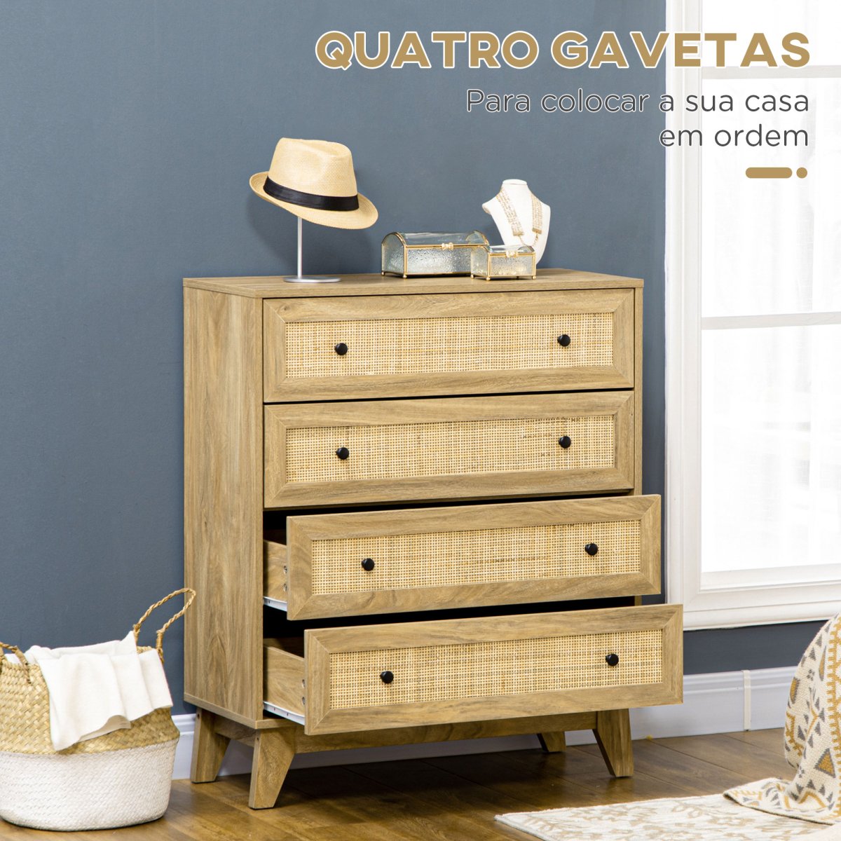 Cómoda com 4 Gavetas Cómoda de Madeira com Gavetas de Vime e Pés Elevados - Image 6