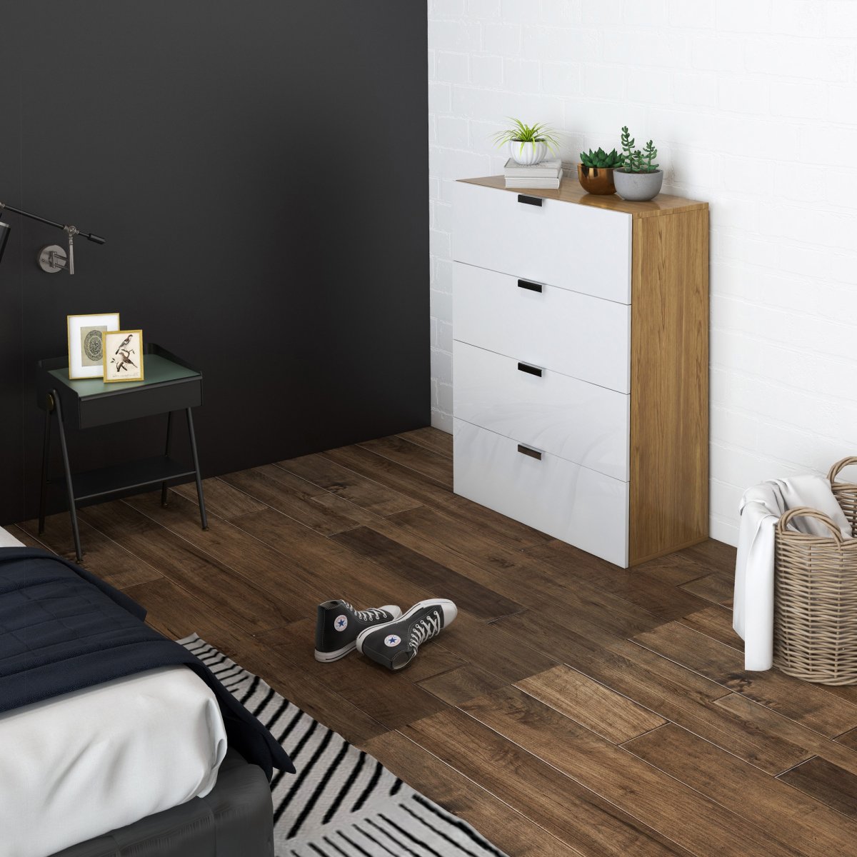 Cómoda com 4 Gavetas de Alto Brilho, Madeira Estilo Moderno 70x35x92 cm Branco e Madeira - Image 3