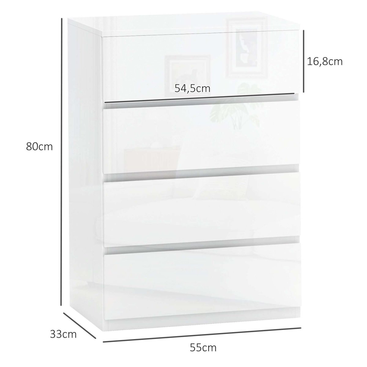 Cómoda com 4 Gavetas de Madeira 55x33x80 cm Branco Brilhante - Image 4
