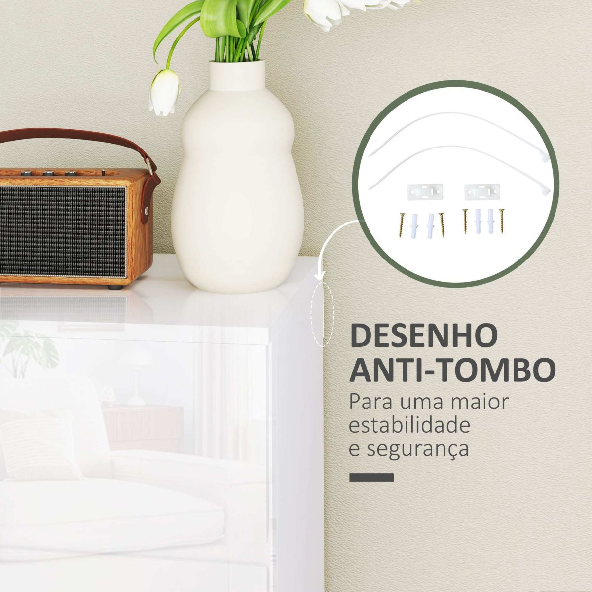Cómoda com 4 Gavetas de Madeira 55x33x80 cm Branco Brilhante - Image 6