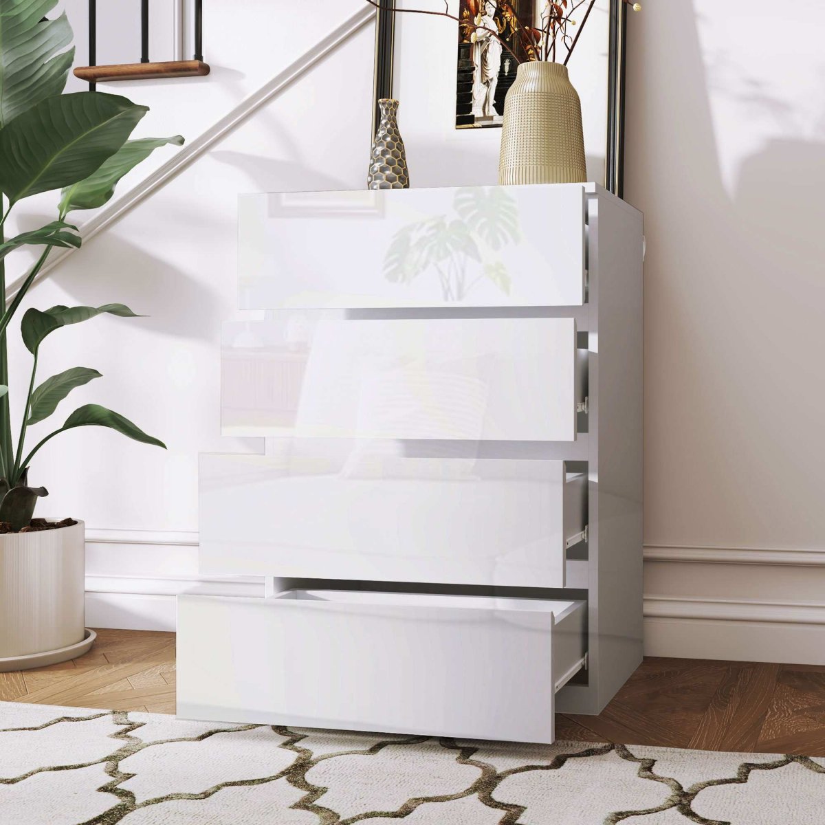 Cómoda com 4 Gavetas de Madeira 55x33x80 cm Branco Brilhante - Image 8