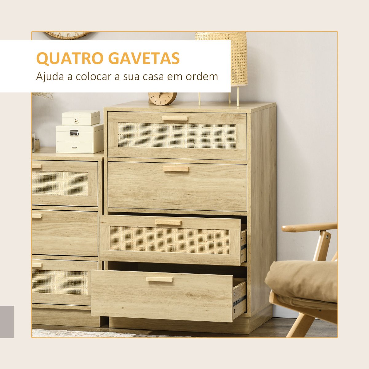 Cómoda com 4 Gavetas de Vime Estilo Boêmio 60x38x88,5 cm Madeira - Image 5