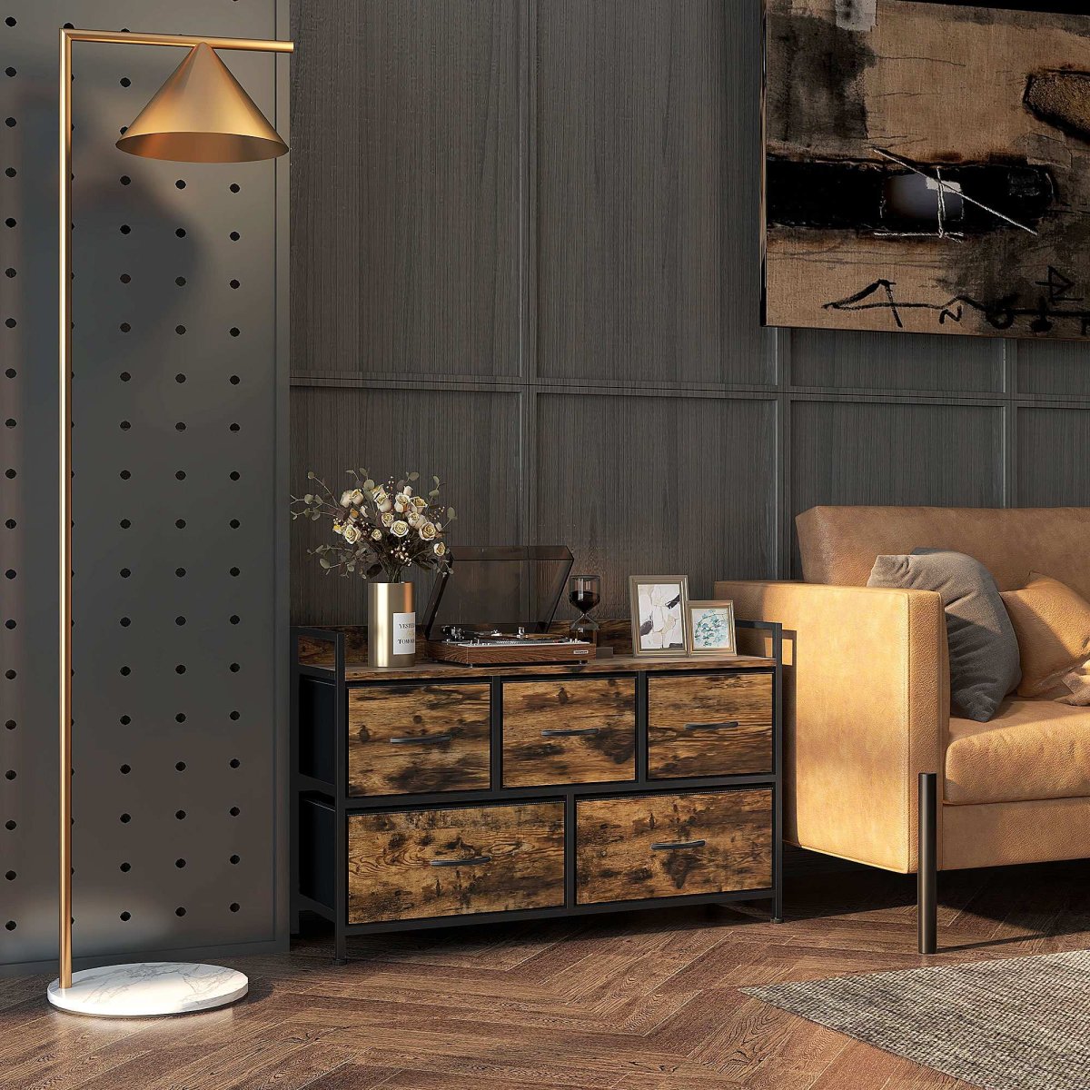 Cómoda com 5 Gavetas de Tecido Estilo Industrial Estrutura Metálica para Sala Estar Entrada Quarto 98x29x63 cm Castanho Rústico - Image 3