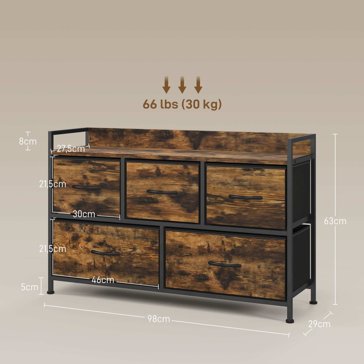 Cómoda com 5 Gavetas de Tecido Estilo Industrial Estrutura Metálica para Sala Estar Entrada Quarto 98x29x63 cm Castanho Rústico - Image 4