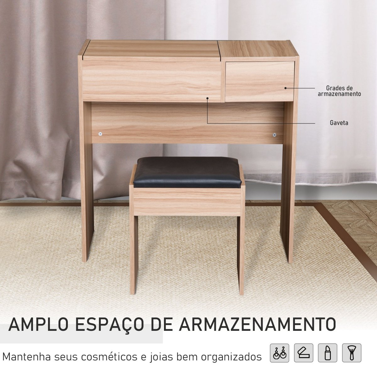 Comoda com Banquinho Espelho Tampa Dobrável – Cor de Madeira - Image 6