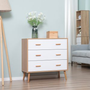 Cómoda de Madeira com 3 Gavetas com Pés Elevados para quarto 80x39x80cm Branco e Madeira Natural