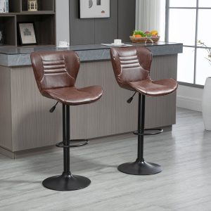 Conjunto de 2 Bancos de Bar Estofados em Couro Sintético – 46,5x54x88-108cm Castanho