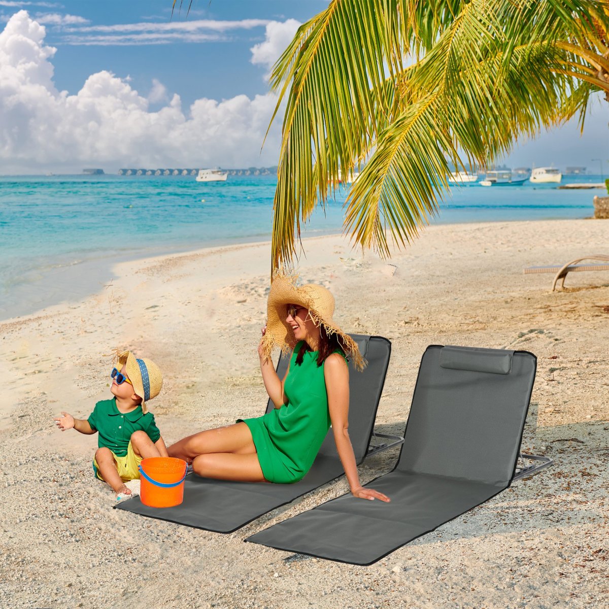Conjunto de 2 Esteiras de Praia Dobráveis 124x53x50cm com Encosto Ajustável e Apoio para a Cabeça em Tecido Oxford e Aço com Bolsa de Transporte Cinza - Image 2