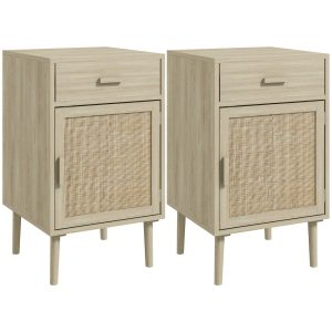 Conjunto de 2 Mesas Cabeceira Auxiliares com Gaveta Vime e Prateleira Ajustável para Quarto Sala 40x40x68,5 cm Carvalho