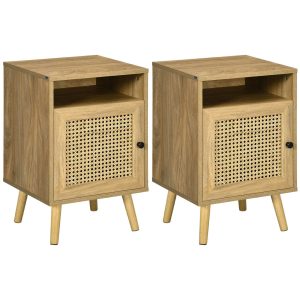 Conjunto de 2 Mesas de Cabeceira com Portas de Vime e Prateleira Aberta 39x35x60cm