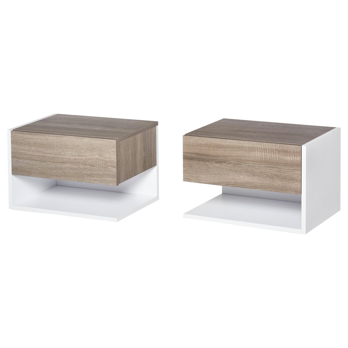 Conjunto de 2 mesinhas de cabeceira flutuantes de madeira com 1 gaveta e prateleira aberta Carvalho e branco - Image 3