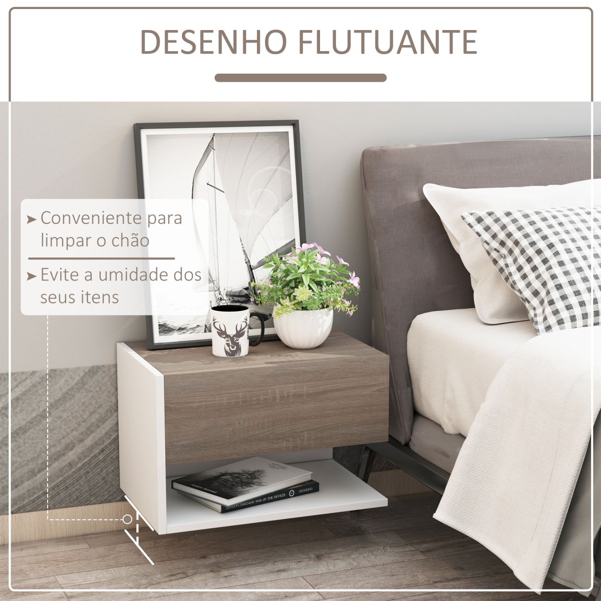 Conjunto de 2 mesinhas de cabeceira flutuantes de madeira com 1 gaveta e prateleira aberta Carvalho e branco - Image 6