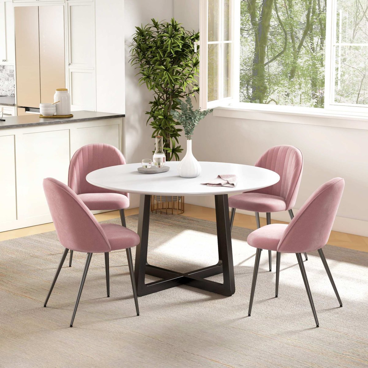 Conjunto de 4 Cadeiras Sala Jantar Modernas Estofadas em Veludo com Encosto Alto e Pés Aço para Estar 50x52x83 cm Rosa - Image 7