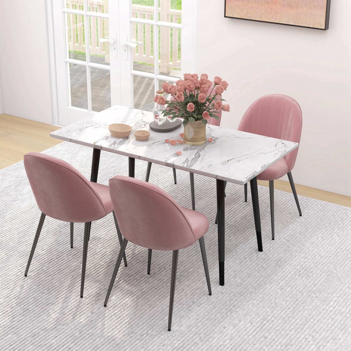 Conjunto de 4 Cadeiras Sala Jantar Modernas Estofadas em Veludo com Encosto Alto e Pés Aço para Estar 50x52x83 cm Rosa - Image 9