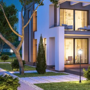 Conjunto de Candeeiros Solares de Jardim com Luzes LED Branca 3500K, Impermeável, IP44, Sensor de Noite, 2 Candeeiros de Exterior para Terraço Pátio 18,5×18,5x129cm Preto