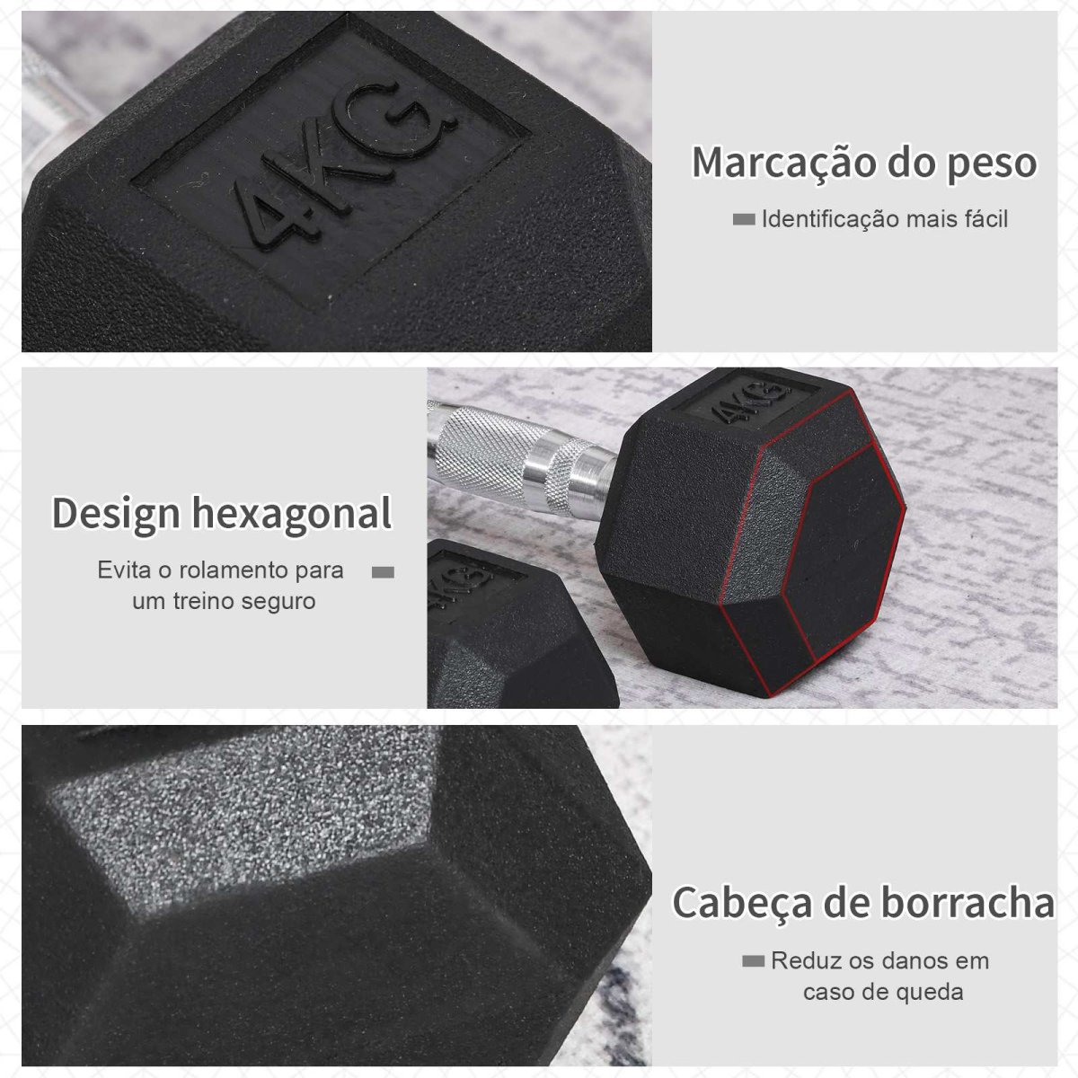 Conjunto de Halteres 2x4kg com Barra Metálica e Cabeça Hexagonal Pesos para Treino em Casa Ginásio 27,2×10,5 cm Preto Prata - Image 8