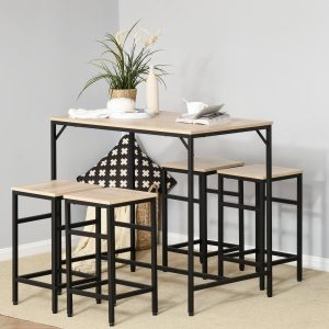 Conjunto de Mesa de Bar com 4 Bancos com Apoio para os Pés, Conjunto de Móveis de 5 Peças, Mesa de 100x60x88cm e Bancos de 32x32x57cm para Sala de Jantar Cozinha Preto e Carvalho