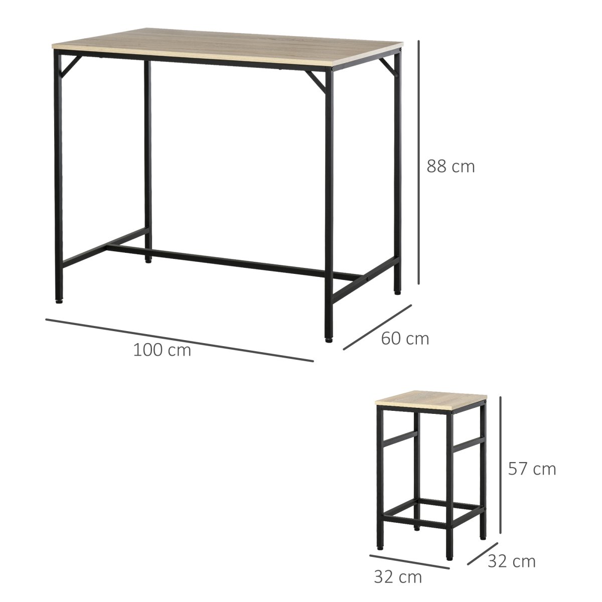 Conjunto de Mesa de Bar com 4 Bancos com Apoio para os Pés, Conjunto de Móveis de 5 Peças, Mesa de 100x60x88cm e Bancos de 32x32x57cm para Sala de Jantar Cozinha Preto e Carvalho - Image 4