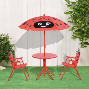 Conjunto de Mesa e Cadeira de Jardim para Crianças – Desenho de Joaninha Vermelho
