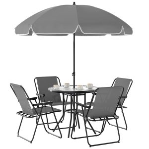 Conjunto de Mesa e Cadeiras de Jardim com 4 Cadeiras Dobráveis, Mesa de Vidro e Chapéu de Sol Cinzento