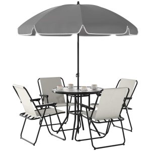 Conjunto de Mesa e Cadeiras de Jardim de 6 Peças com 4 Cadeiras Dobráveis Mesa de Vidro e Chapéu de Sol para Terraço Pátio Creme