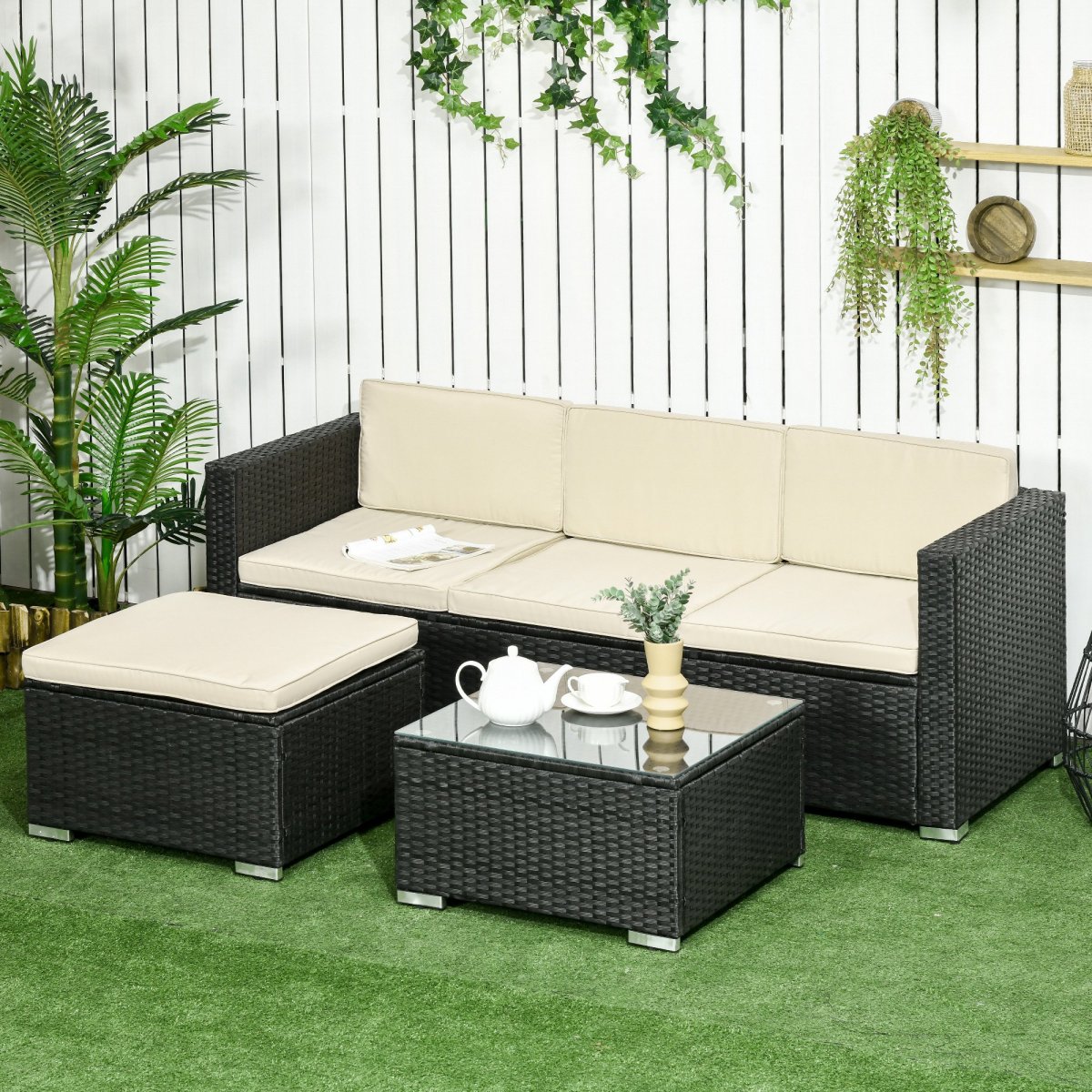 Conjunto de Móveis de Vime de Jardim de 3 Lugares com Almofadas Acolchoadas Mesa de Centro com Bancada de Vidro Temperado - Image 2