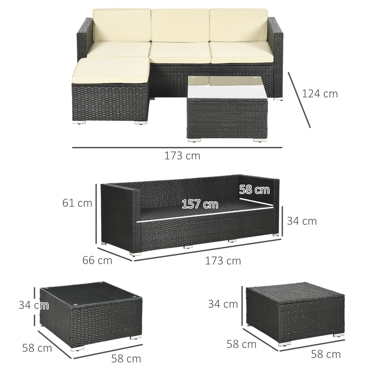 Conjunto de Móveis de Vime de Jardim de 3 Lugares com Almofadas Acolchoadas Mesa de Centro com Bancada de Vidro Temperado - Image 4